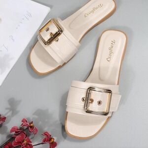Tengboxy Womens Cream Faux Leather Square Toe Slide Sandals Gold Buckle Flat